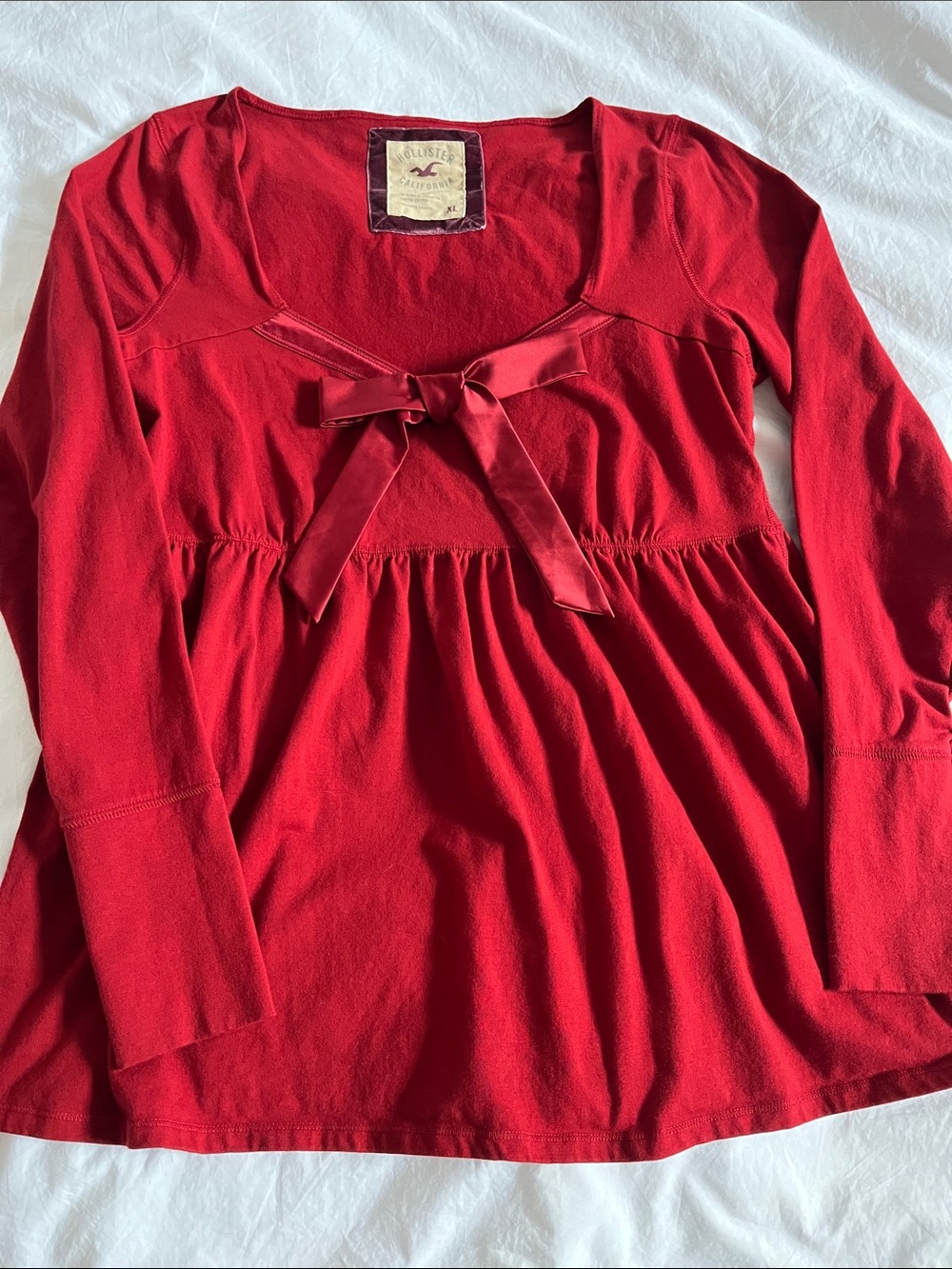 Hollister 25th anniversary Red Babydoll Bow Long Sleeve Blouse Top Christmas